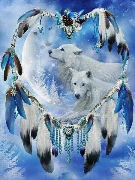 Broderie Diamant Attrape Rêves Loups Blancs 3 Broderie Diamant Attrape Rêves Loups Blancs