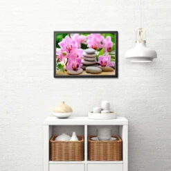 Broderie Diamant <br> Bouquet D'Orchidées Roses Et Galets Zen -Atelier Broderie Diamant broderie diamant bouquet orchidees roses et galets zen decor atelier broderie diamant