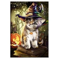 Broderie Diamant <br> Chaton Déguisé En Sorcière D'Halloween