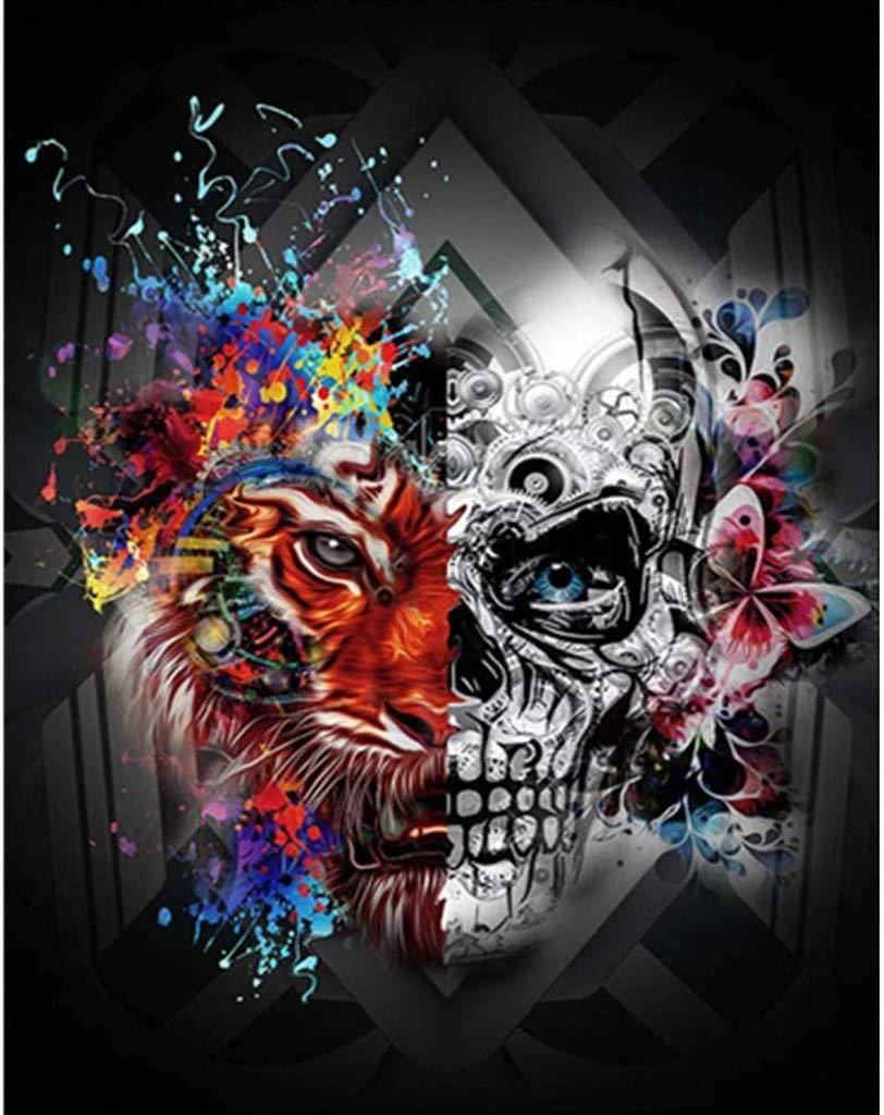 Broderie Diamant <br> Moitié Crâne Moitié Tigre 3 Broderie Diamant <br> Moitié Crâne Moitié Tigre