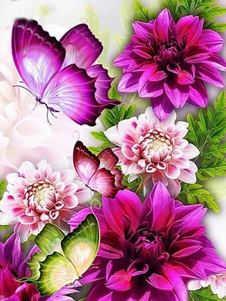 Broderie Diamant <br> Fleurs Roses Et Papillons