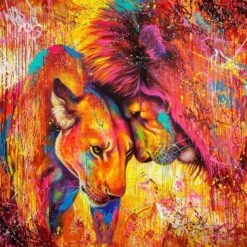 Broderie Diamant <br> Lion Et Lionne Explosion De Couleurs